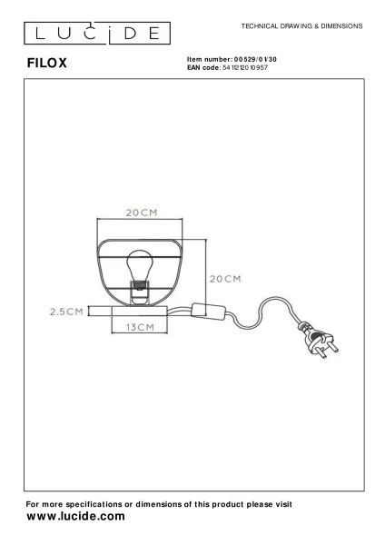 Lucide FILOX - Lámpara de mesa - Ø 20 cm - 1xE27 - Negro - técnico